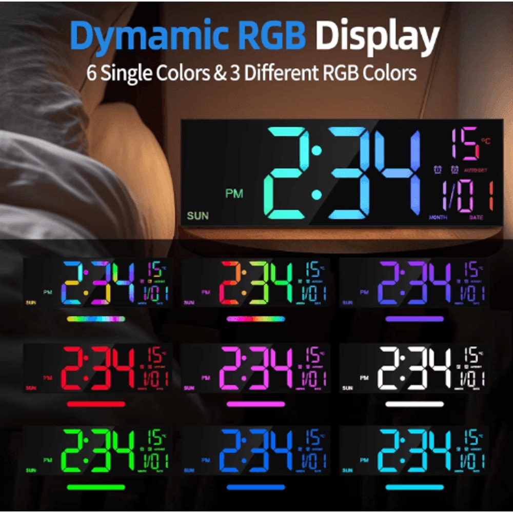 162 Large Digital Wall Clock LED RGB Display With Remote Dual Alarm 5