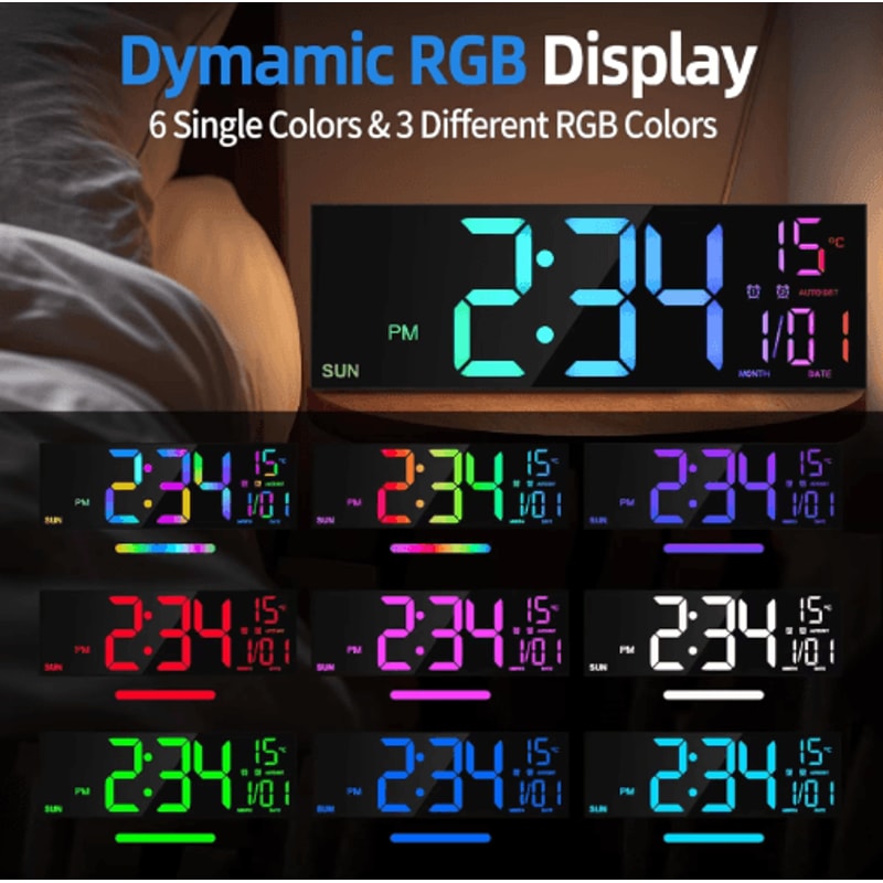 162 Large Digital Wall Clock LED RGB Display With Remote Dual Alarm 5