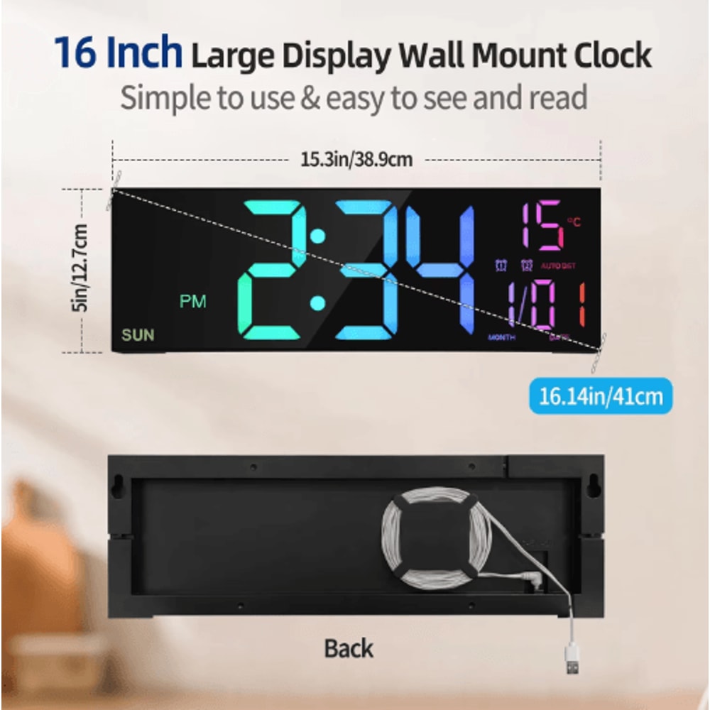 162 Large Digital Wall Clock LED RGB Display With Remote Dual Alarm 6