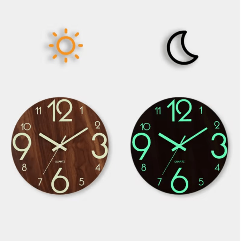 12Inch Luminous Wooden Wall Clock Silent Non Ticking Nordic Glow In The Dark Design 1