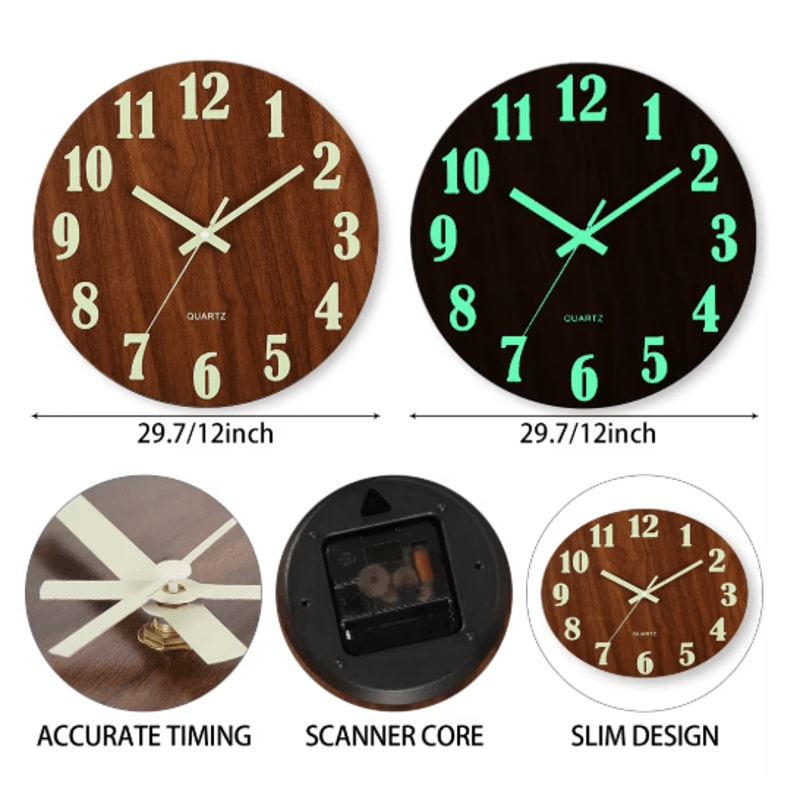 12Inch Luminous Wooden Wall Clock Silent Non Ticking Nordic Glow In The Dark Design 5