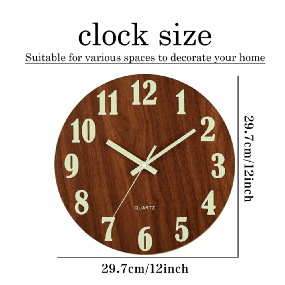 12Inch Luminous Wooden Wall Clock Silent Non Ticking Nordic Glow In The Dark Design 6