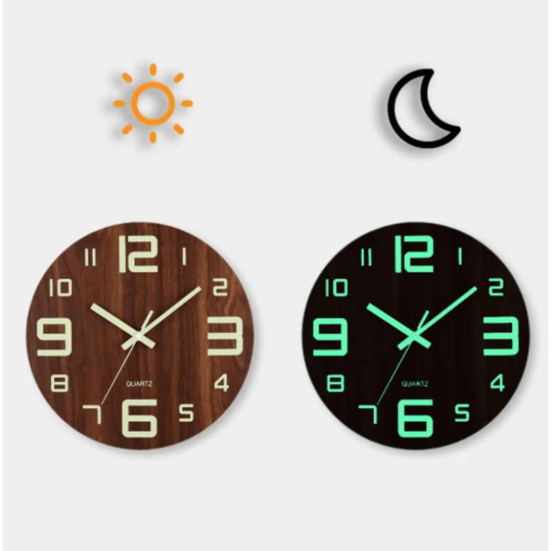 12Inch Luminous Wooden Wall Clock Silent Non Ticking Nordic Glow In The Dark Design 7