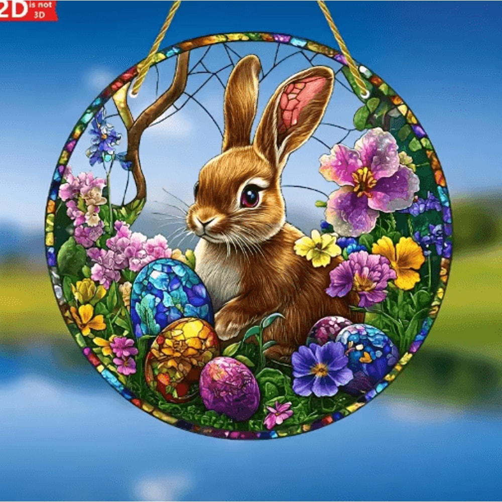 SpringGlow Easter Bunny Acrylic Window Hanging Floral Egg Decor Ornament 3