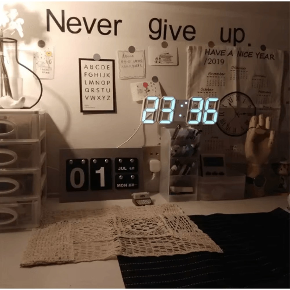 3D LED Digital Wall Clock Adjustable Glow Night Mode Home Decor Display 0