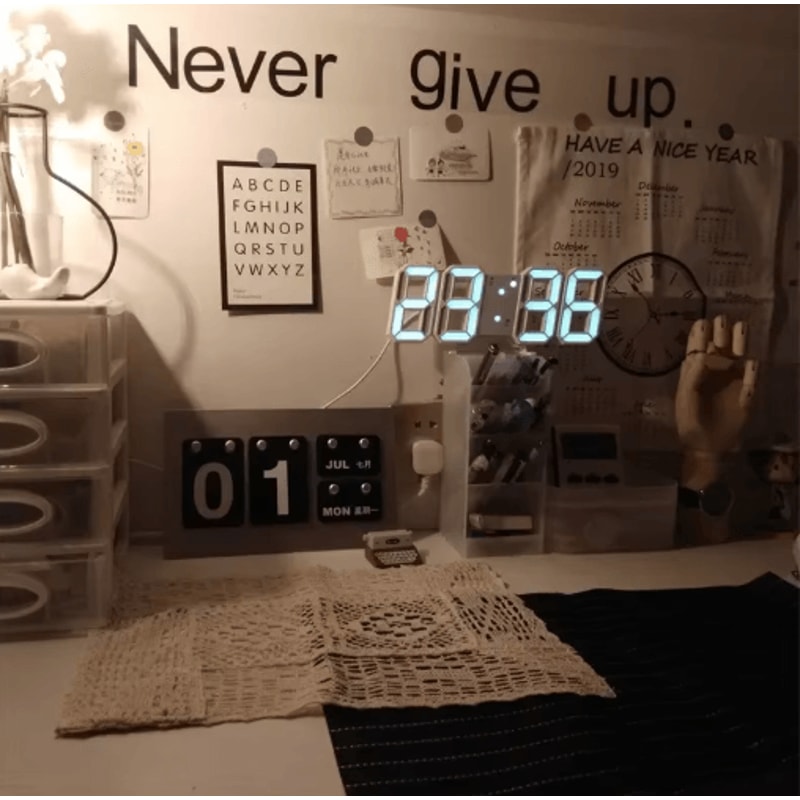 3D LED Digital Wall Clock Adjustable Glow Night Mode Home Decor Display 0