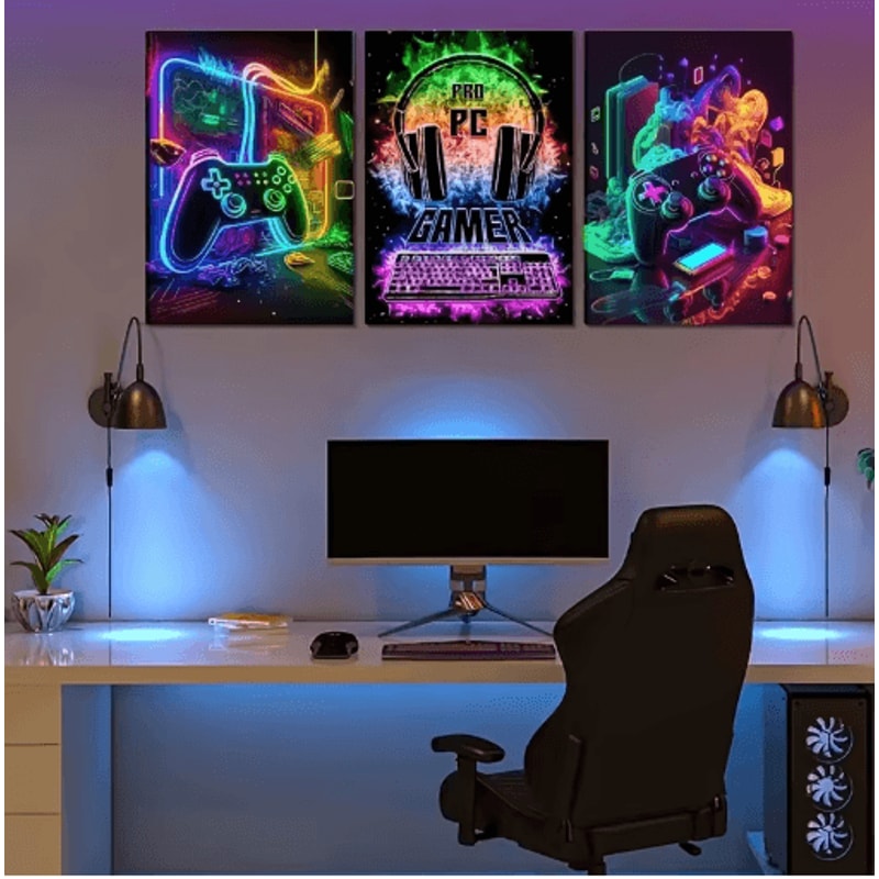 Gaming Room Wall Art Set 3pcs Gamepad Punk Style Canvas Posters For Gamers 8