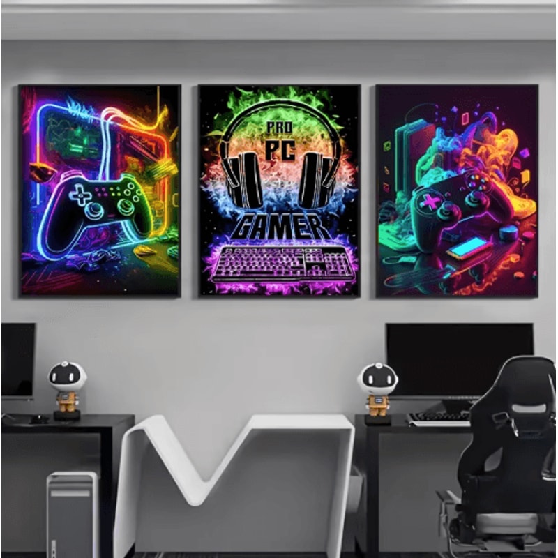 Gaming Room Wall Art Set 3pcs Gamepad Punk Style Canvas Posters For Gamers 0