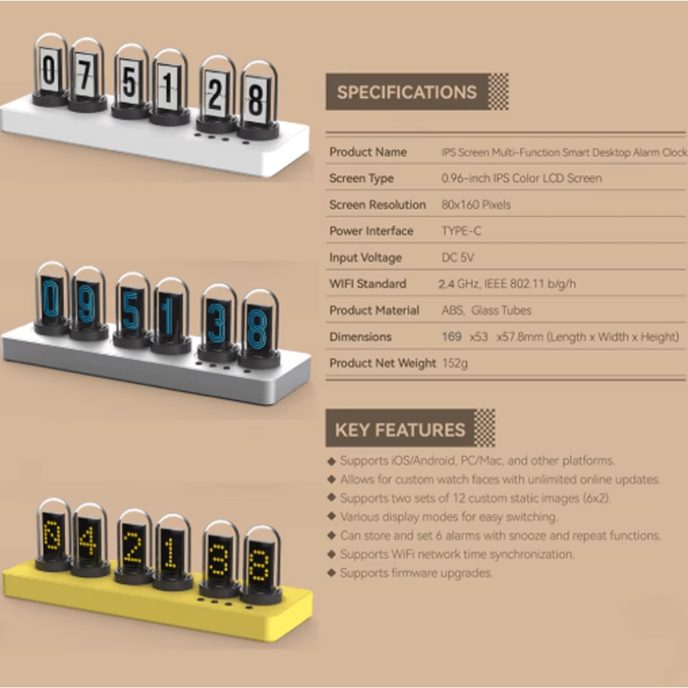 WiFi RGB Nixie Tube Clock Smart IPS Display Alarm Clock For Gaming Rooms 4