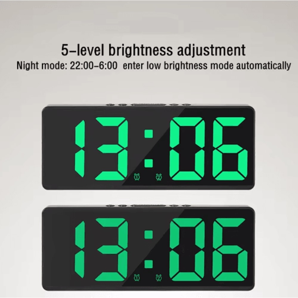 Mirror LED Alarm Clock Voice Control Digital Bedside Clock With Snooze 12