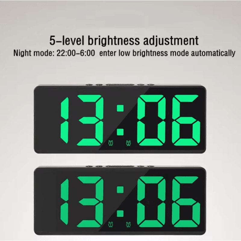 Mirror LED Alarm Clock Voice Control Digital Bedside Clock With Snooze 12