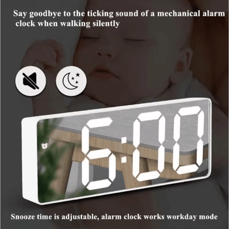 Mirror LED Alarm Clock Voice Control Digital Bedside Clock With Snooze 13