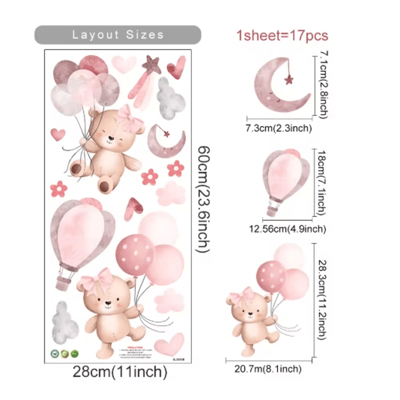Pink Cartoon Bear Balloon Wall Stickers Cute Kids Room Nursery Wall Decals 3