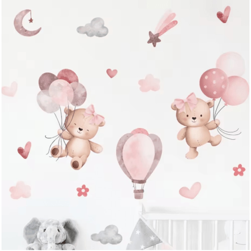 Pink Cartoon Bear Balloon Wall Stickers Cute Kids Room Nursery Wall Decals 0
