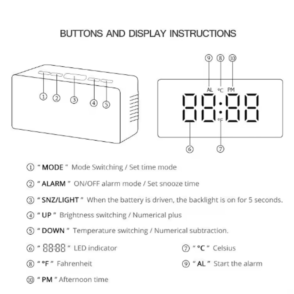 LED Mirror Digital Alarm Clock With Snooze USB Desk Clock Bedside Night Light 3