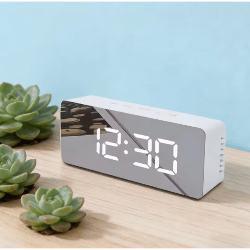 LED Mirror Digital Alarm Clock With Snooze USB Desk Clock Bedside Night Light 0