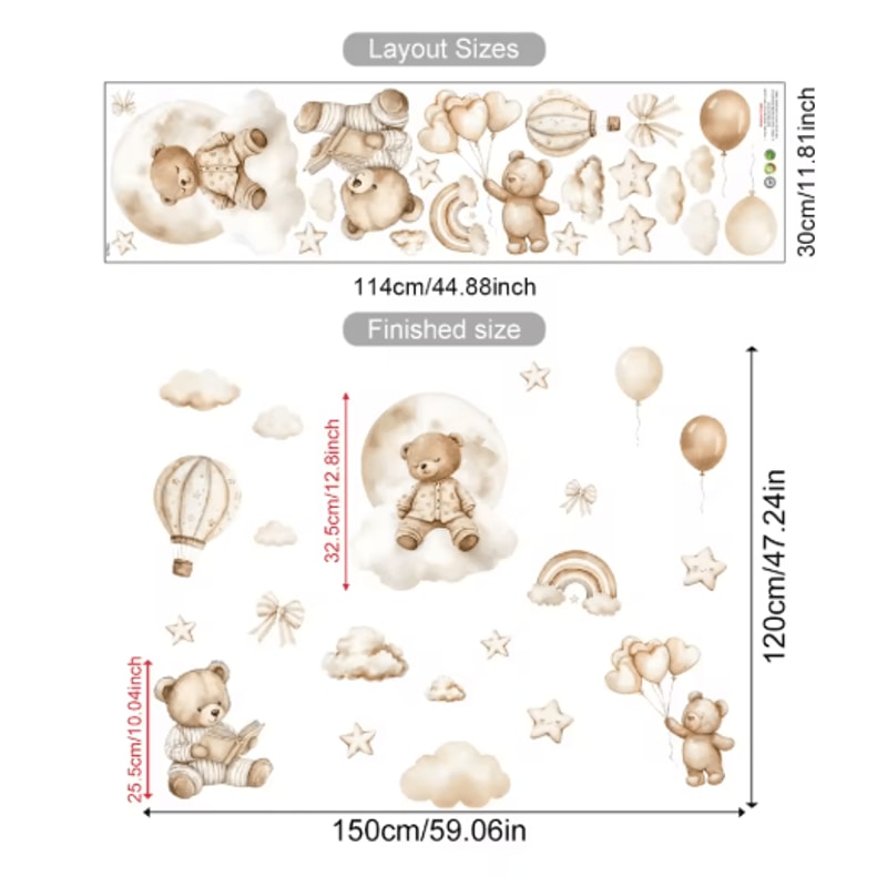 Boho Teddy Bear Balloon Watercolor Wall Sticker Nursery Kids Room Vinyl Decal Decor 1