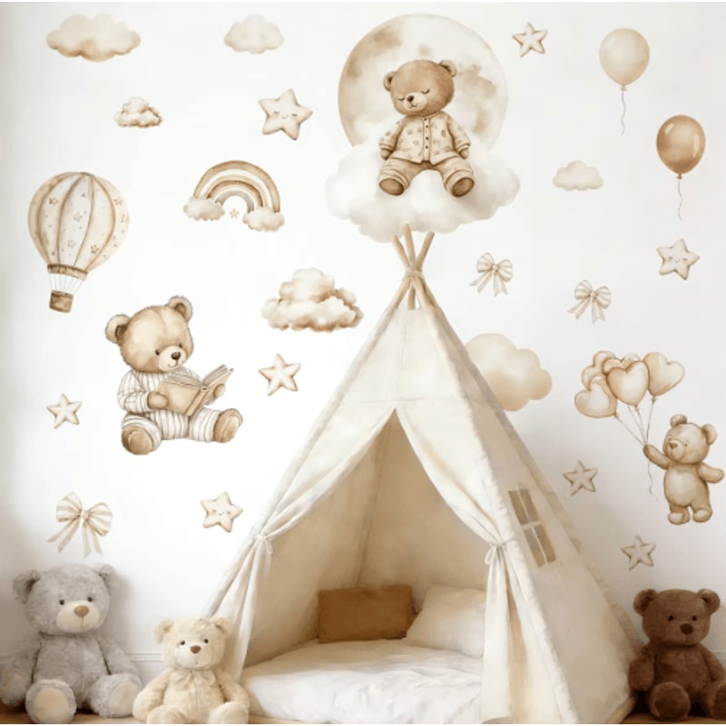 Boho Teddy Bear Balloon Watercolor Wall Sticker Nursery Kids Room Vinyl Decal Decor 4