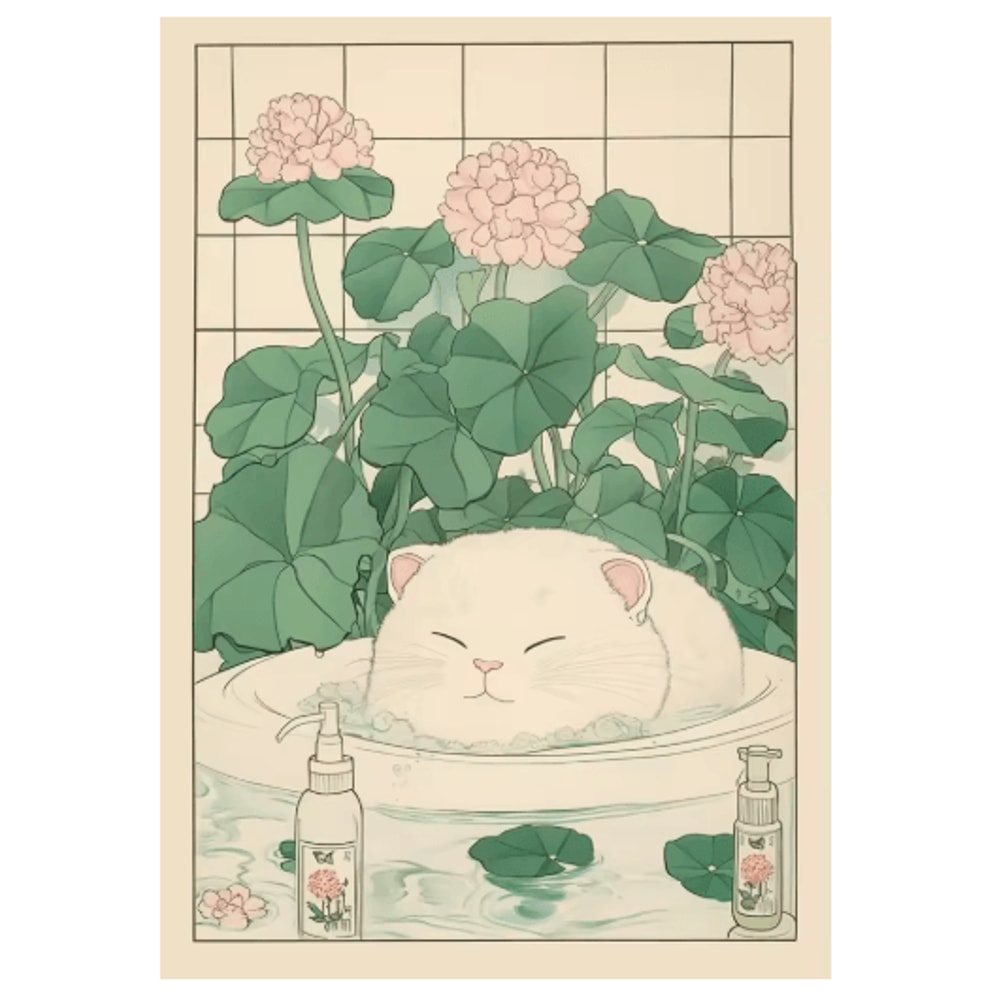 Japanese Cat Wall Art Retro Bathtub Cat Poster For Japandi Bathroom Decor 11