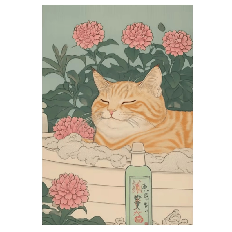 Japanese Cat Wall Art Retro Bathtub Cat Poster For Japandi Bathroom Decor 12