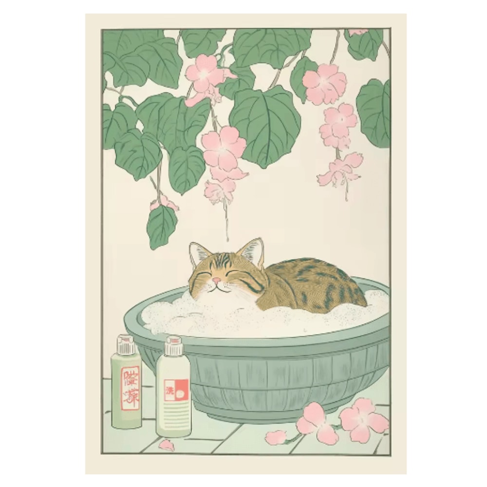 Japanese Cat Wall Art Retro Bathtub Cat Poster For Japandi Bathroom Decor 14