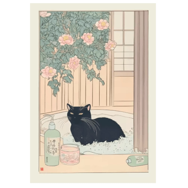 Japanese Cat Wall Art Retro Bathtub Cat Poster For Japandi Bathroom Decor 15