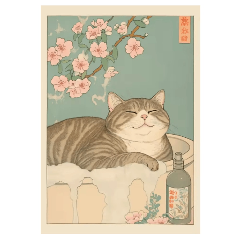 Japanese Cat Wall Art Retro Bathtub Cat Poster For Japandi Bathroom Decor 8