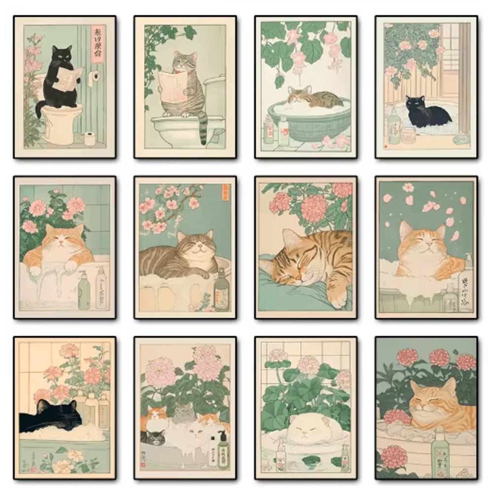 Japanese Cat Wall Art Retro Bathtub Cat Poster For Japandi Bathroom Decor 0