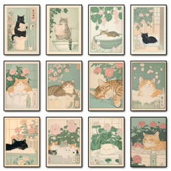 japanese cat wall art retro bathtub cat poster for japandi bathroom decor