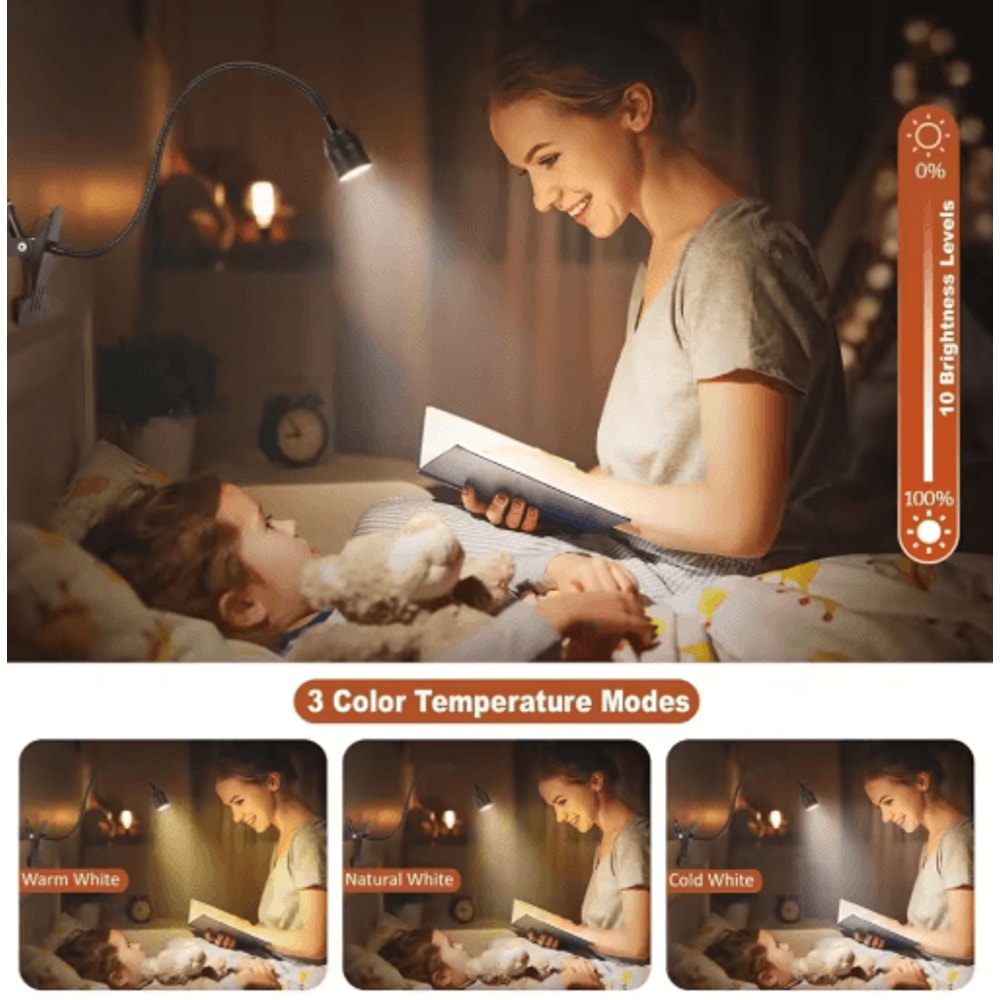 LED Reading Light USB ClipOn Book Light With Flexible Gooseneck Adjustable Brightness 3