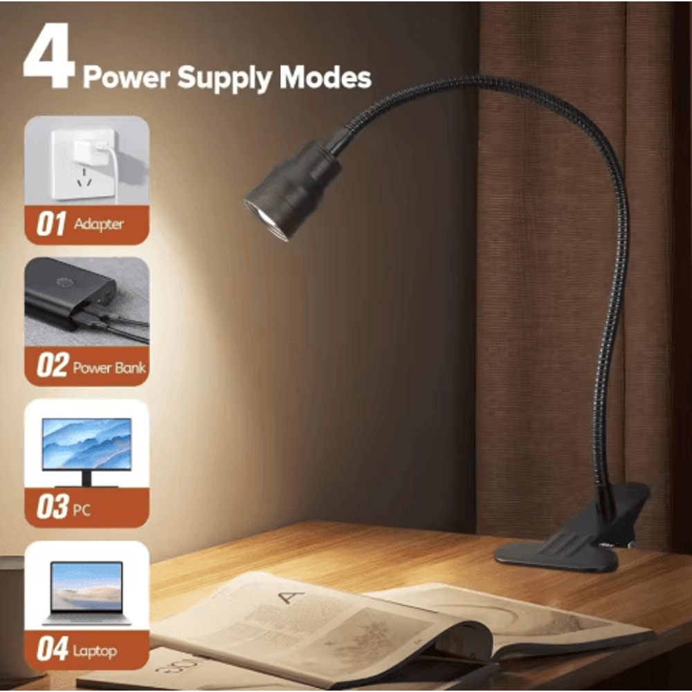 LED Reading Light USB ClipOn Book Light With Flexible Gooseneck Adjustable Brightness 4