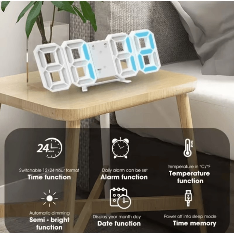 3D LED Digital Wall Clock Alarm Clock With Time Date Temperature Display 0