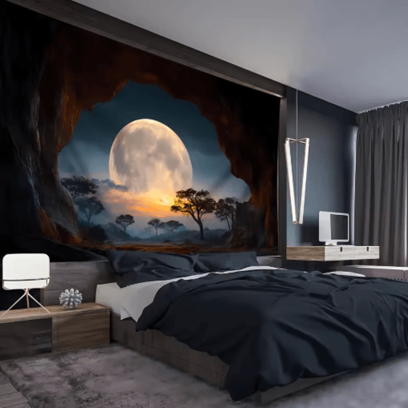 Forest Moon Tapestry Tranquil Cave Scenery Boho Wall Hanging For Bedroom Living Room 1