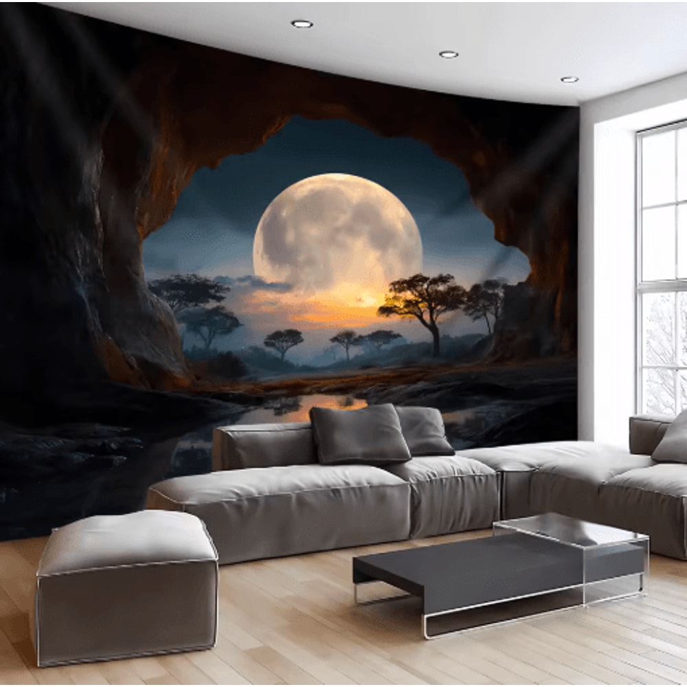 Forest Moon Tapestry Tranquil Cave Scenery Boho Wall Hanging For Bedroom Living Room 2