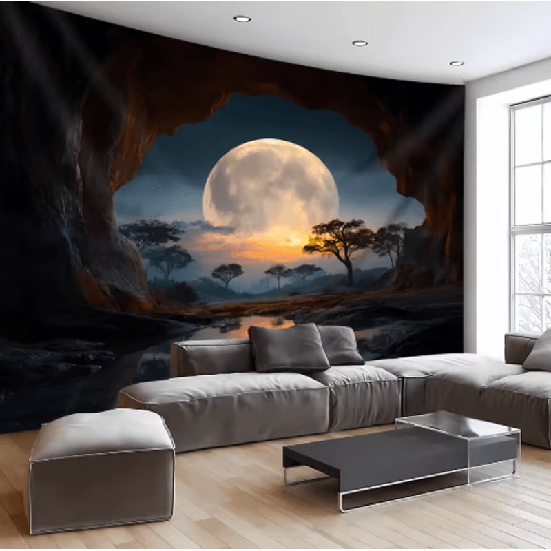 Forest Moon Tapestry Tranquil Cave Scenery Boho Wall Hanging For Bedroom Living Room 2