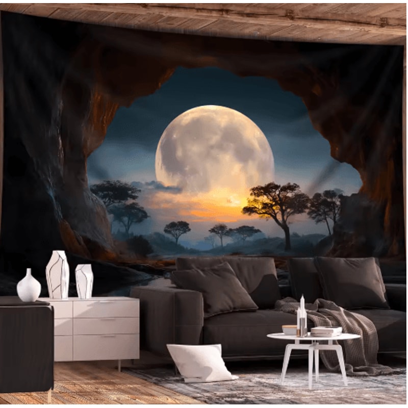 Forest Moon Tapestry Tranquil Cave Scenery Boho Wall Hanging For Bedroom Living Room 3