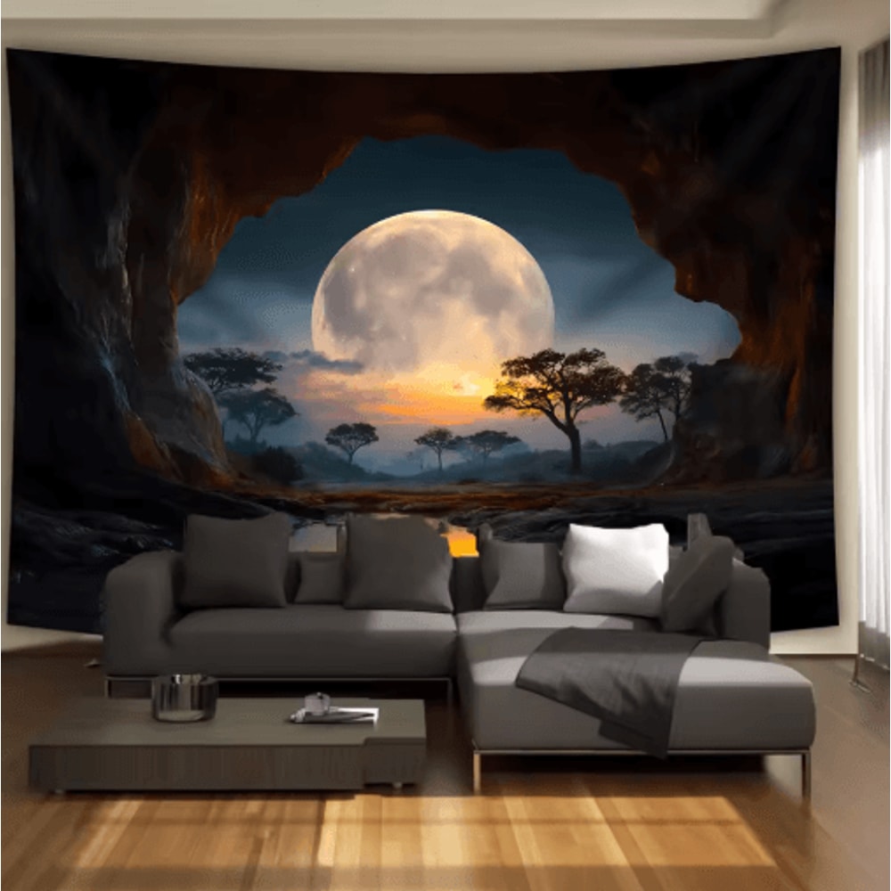 Forest Moon Tapestry Tranquil Cave Scenery Boho Wall Hanging For Bedroom Living Room 0