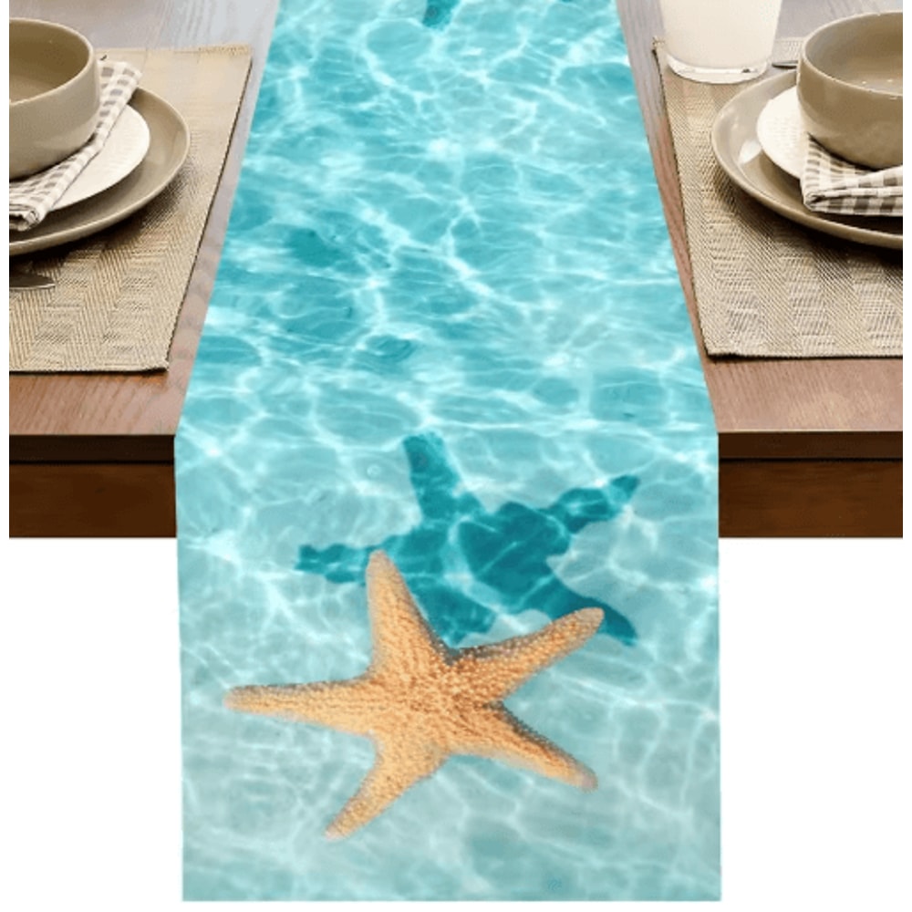 Watercolor Starfish Ocean Table Runner Coastal Linen Table Decor For Dining Parties 5