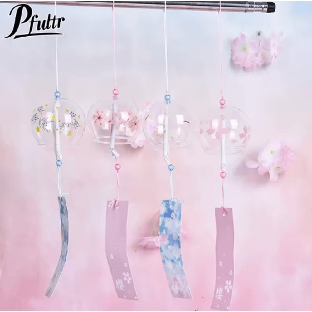 Japanese Glass Wind Chime Sakura Cherry Blossom Wind Bell Hanging Decor 0