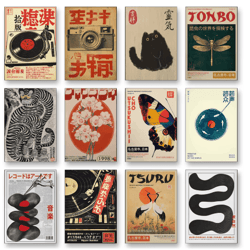 japanese tiger cat music canvas wall art vintage record player poster decor