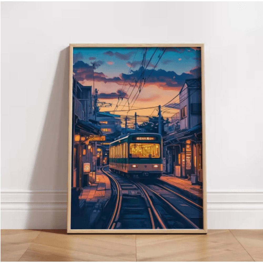 Tokyo Rainy Night Railway Canvas Print Retro Japanese Cityscape Wall Art Decor 0