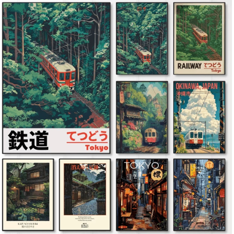 Tokyo Rainy Night Railway Canvas Print Retro Japanese Cityscape Wall Art Decor 29