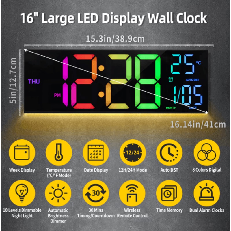 16 Large LED Digital Wall Clock RGB Display With Remote Temperature 6
