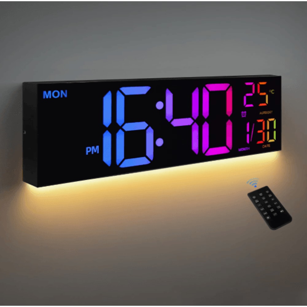 16 Large LED Digital Wall Clock RGB Display With Remote Temperature 0