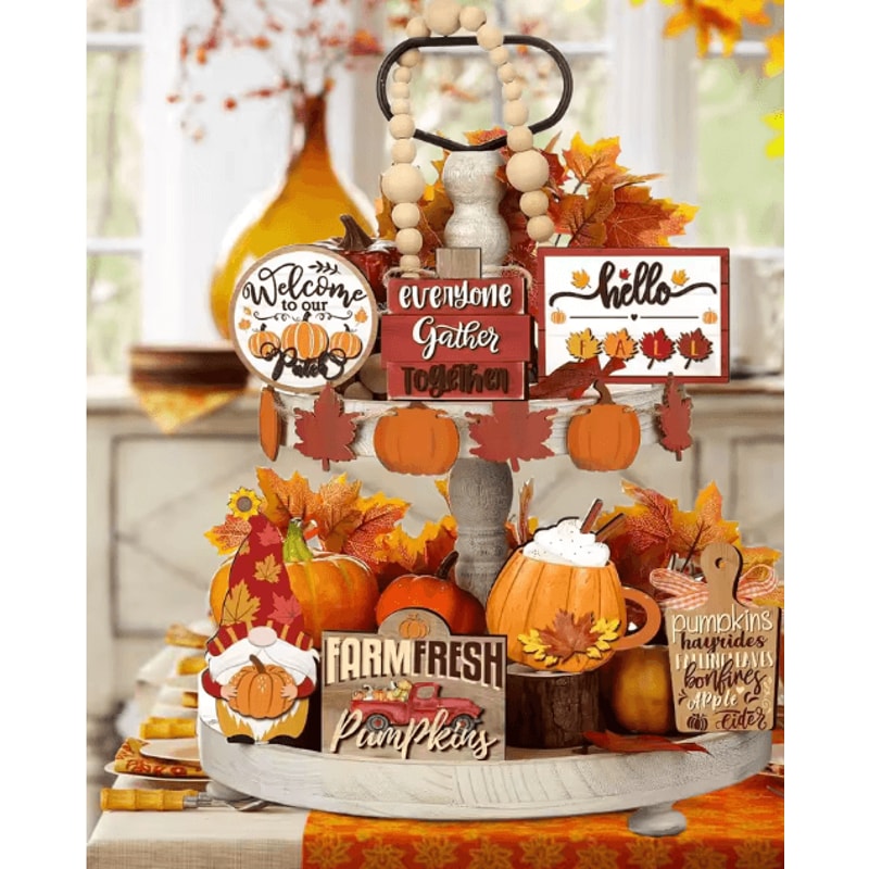 Farmhouse Fall Tiered Tray Decor Set Pumpkin Spice Autumn Centerpiece Accents 2