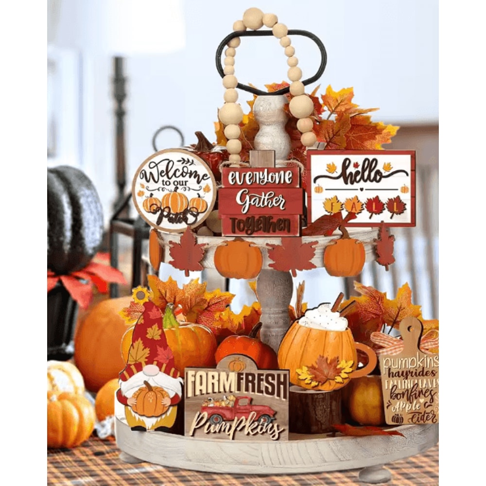 Farmhouse Fall Tiered Tray Decor Set Pumpkin Spice Autumn Centerpiece Accents 0