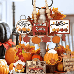 farmhouse fall tiered tray decor set – pumpkin spice autumn centerpiece accents