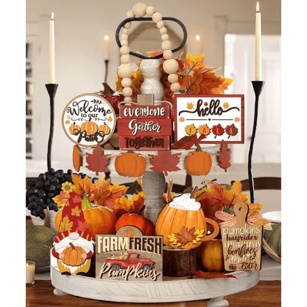 Farmhouse Fall Tiered Tray Decor Set Pumpkin Spice Autumn Centerpiece Accents 3
