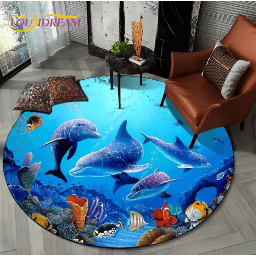 3D Ocean Dolphin Area Rug NonSlip Underwater Illusion Round Carpet 11