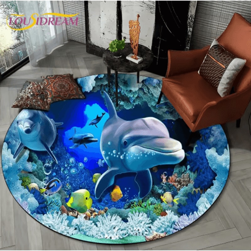 3D Ocean Dolphin Area Rug NonSlip Underwater Illusion Round Carpet 12
